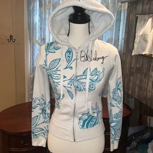 NWOT Billabong white with teal leaf pattern hoodie with fleece lined hood size S